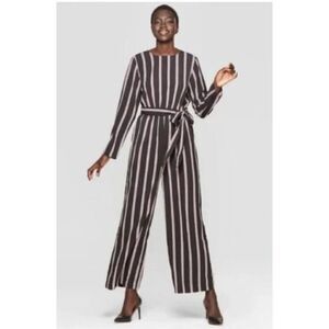 Who‎ What Wear Jumpsuit Women's Black Purple Large Striped Long Sleeve Wide Leg
